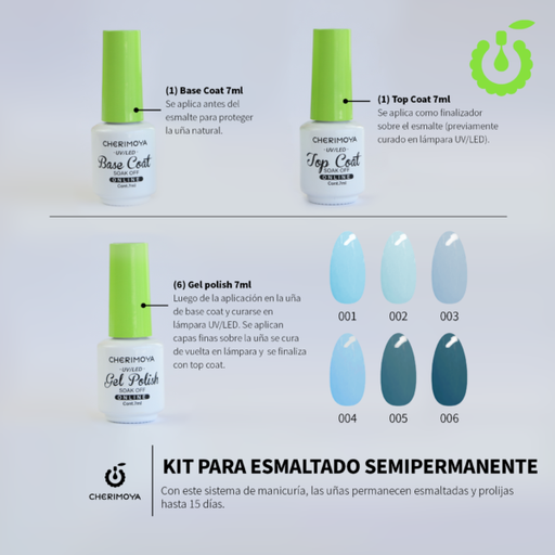 [CH029-A POLISH+BASE+TOP] KIT SEMIPERMANENTE CHERIMOYA 7ML (8PCS) AZUL